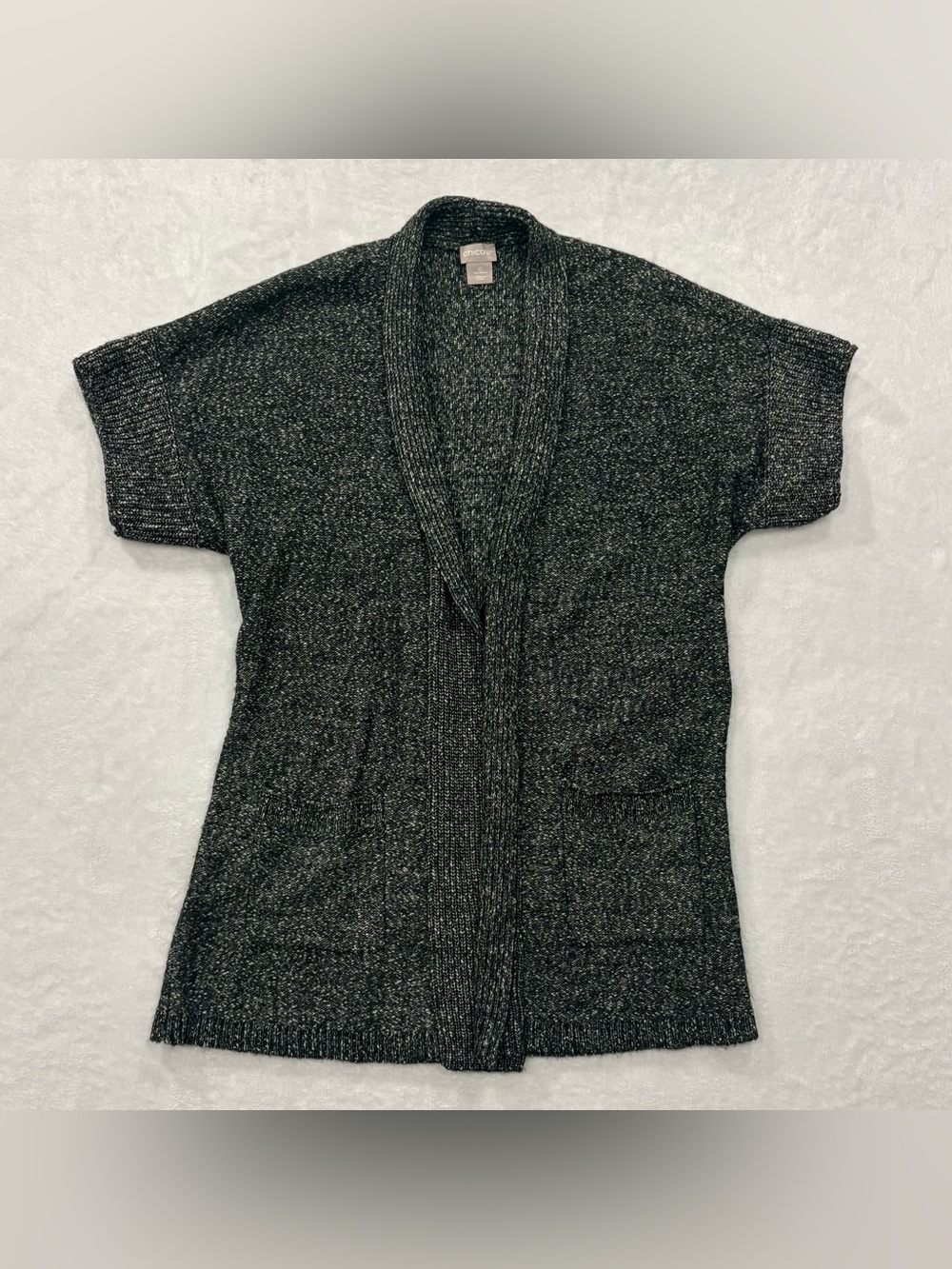 Chico’s Marled Knit Short Sleeve Open Cardigan Sweater Pockets Chicos 0 = S/4